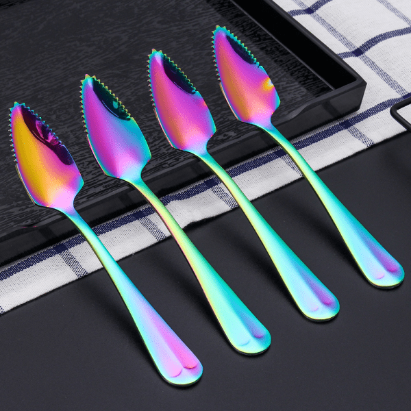 Ensemble 5 Ustensiles Pamplemousse Arc-en-Ciel - 4 Cuillères Dentelées + 1 Couteau Spécial